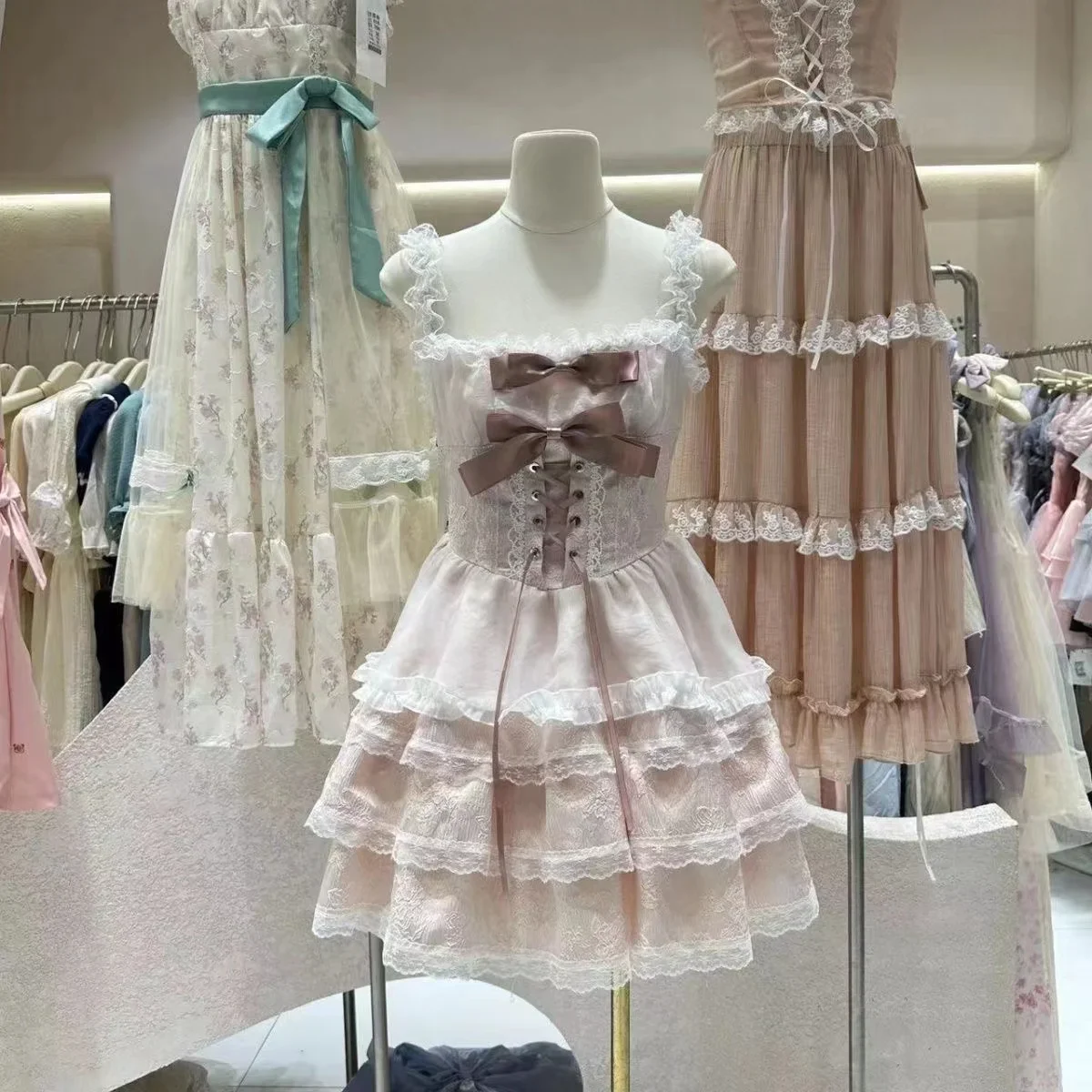 Gaun Jsk Lolita manis Jepang gaun tali putri ikatan simpul renda elegan Vintage wanita Kawaii baju Harajuku Y2k Hot Sellin