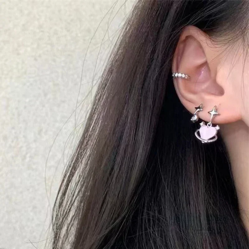 6Pcs Pink Heart Stud Earrings Set Women's Personality Korean Fashion Y2K Pink Crystal Temperament Star Earring Piercing for Ears