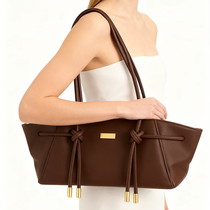 

Брендовая шикарная кожаная сумка-тоут, женская модная сумка на плечо с узлом, элегантный длинный ремешок, большая вместительная сумка с магнитной пряжкой и крыльями