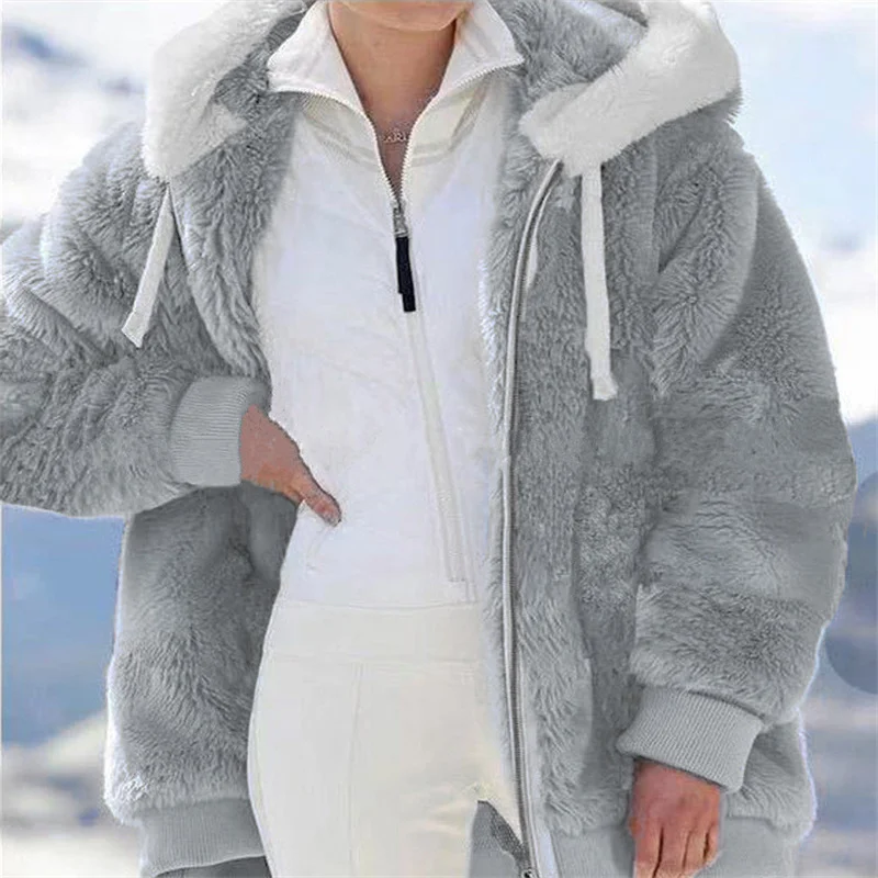 Winter Warm Women\'s Faux Fur Jacket Plush Coat New Casual Hooded Zipper Soft Fleece Cashmere Jackets Female Thick Clothing y2k