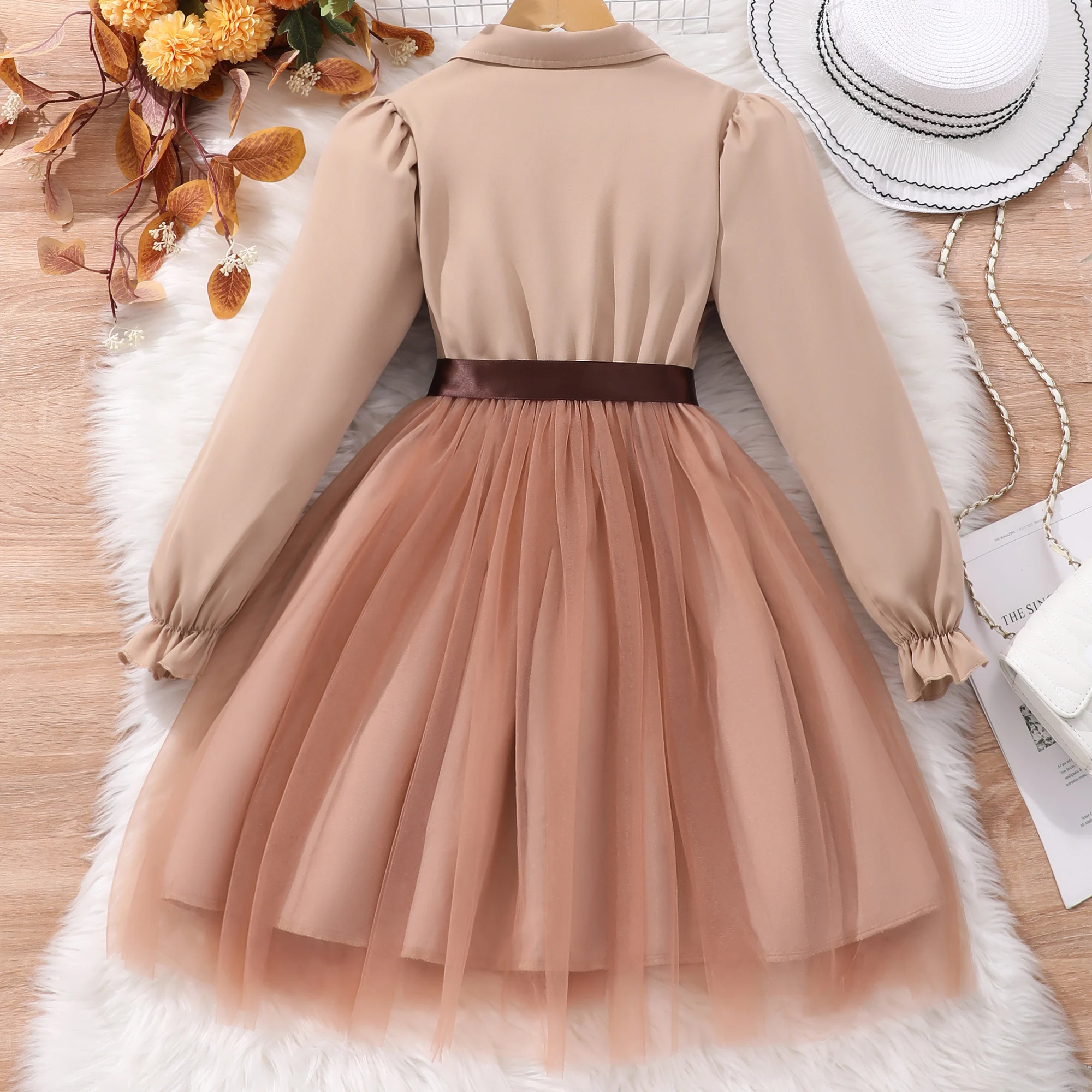 Girls\' long sleeved lapel solid color mesh dress with woven waistband