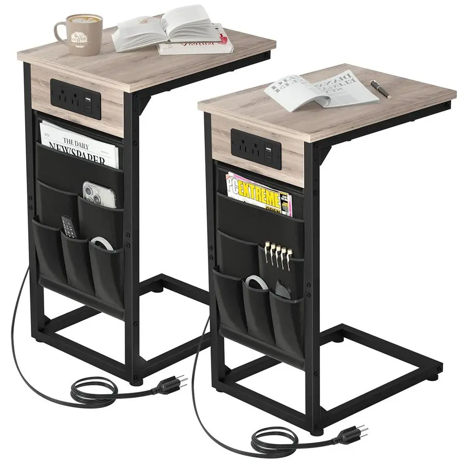 

C-образный торцевой столик с зарядной станцией, набор из 2 подносов для телевизора, диванные столики с сумкой для хранения, приставной столик под диван с USB