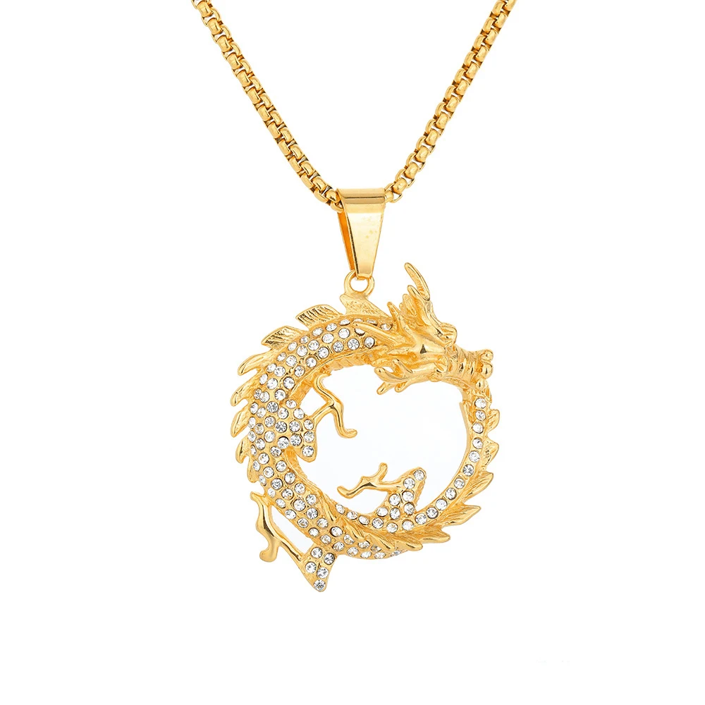 

Hip Hop Iced Out Bling Chinese Dragon Pendant Statement Male Gold Color Stainless Steel Animal Necklace For Men Jewelry Gift