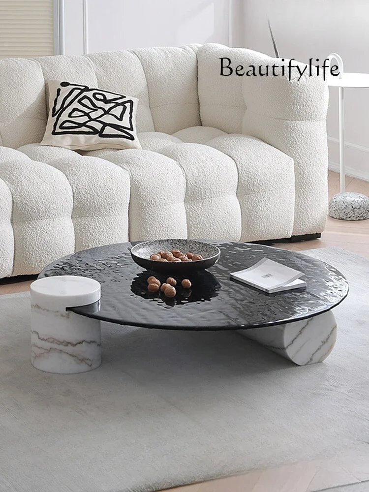 Italian minimalist round coffee table light luxury designer marble water ripple hot melt glass coffee table