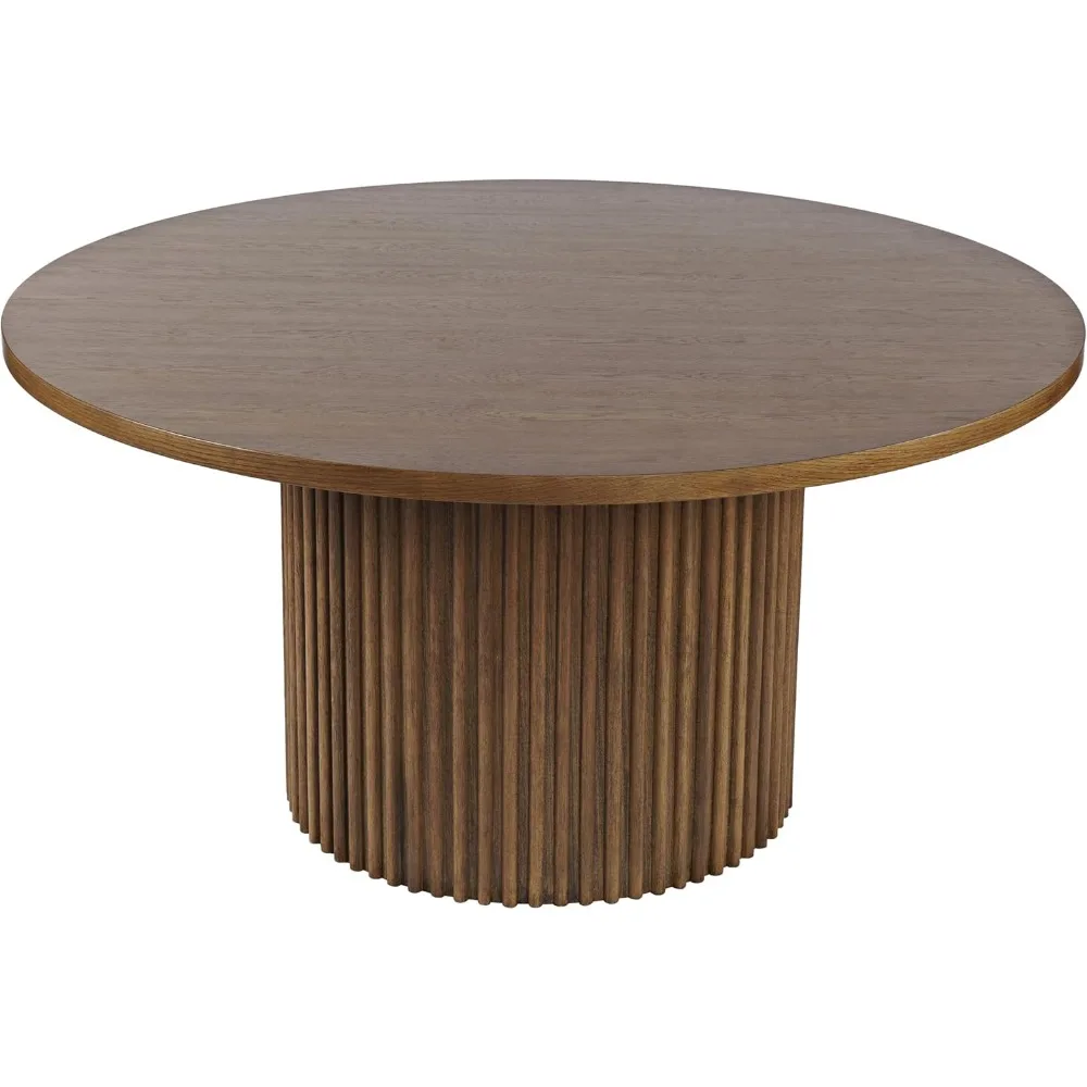 Round Mid-Century Modern Fluted Pedestal Base Dining Table,Chestnut,60