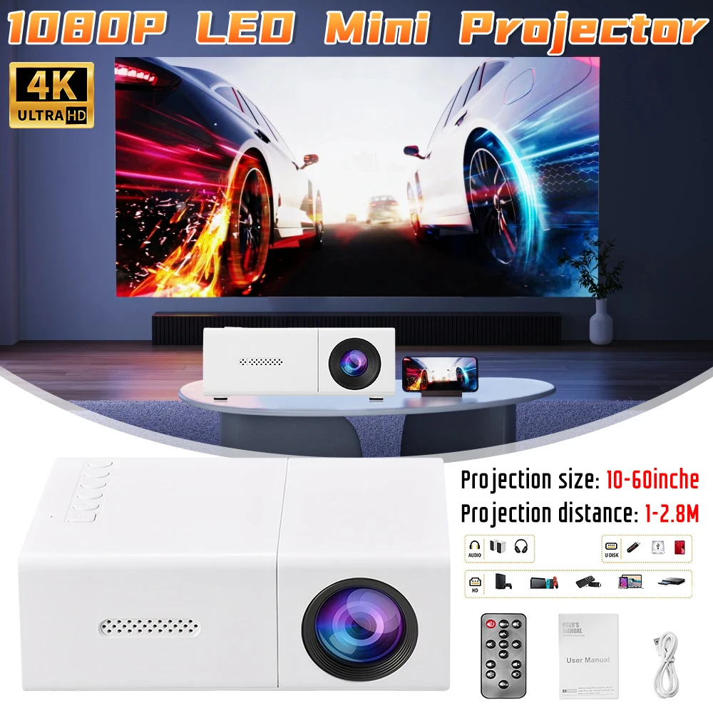 

Портативный светодиодный мини-видеопроектор HD 1080P с пультом дистанционного управления, совместимый с HDMI AV-ноутбуком, смартфоном для офиса, дома, путешествий
