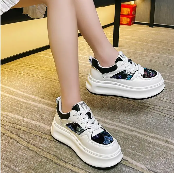 6CM Air Mesh Genuine Leather Summer Bling Mixed Color Fsahion Ankle Boots Hollow Chunky Sneaker Vulcanize Women Shoes - view 3