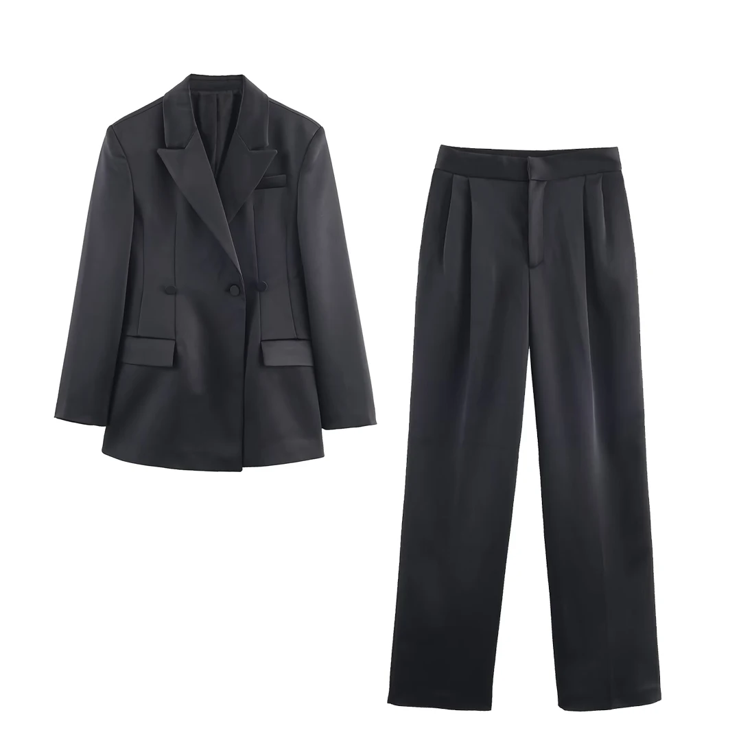 Zweiteiliges Hosen-Set für Damen, Pendleranzug, Freizeitjacke, modisches, satinähnliches Revers, Oberbekleidung, plissierte, gerade Hose mit hoher Taille