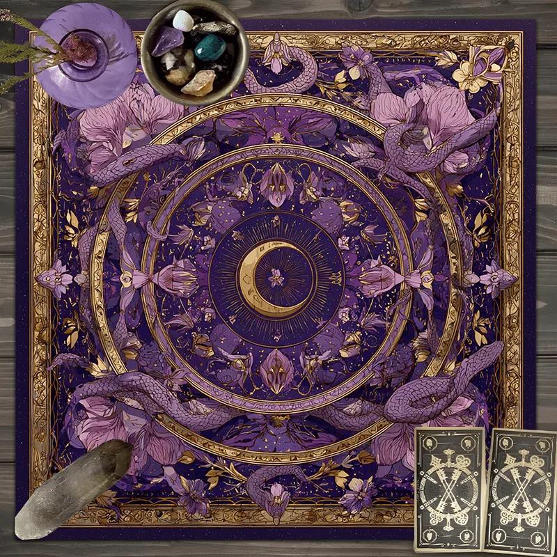VIKAMA Purple Snake Moon Tarot Altar Cloth Floral Golden Border Witchy Table Tapestry Oracle Card Mat