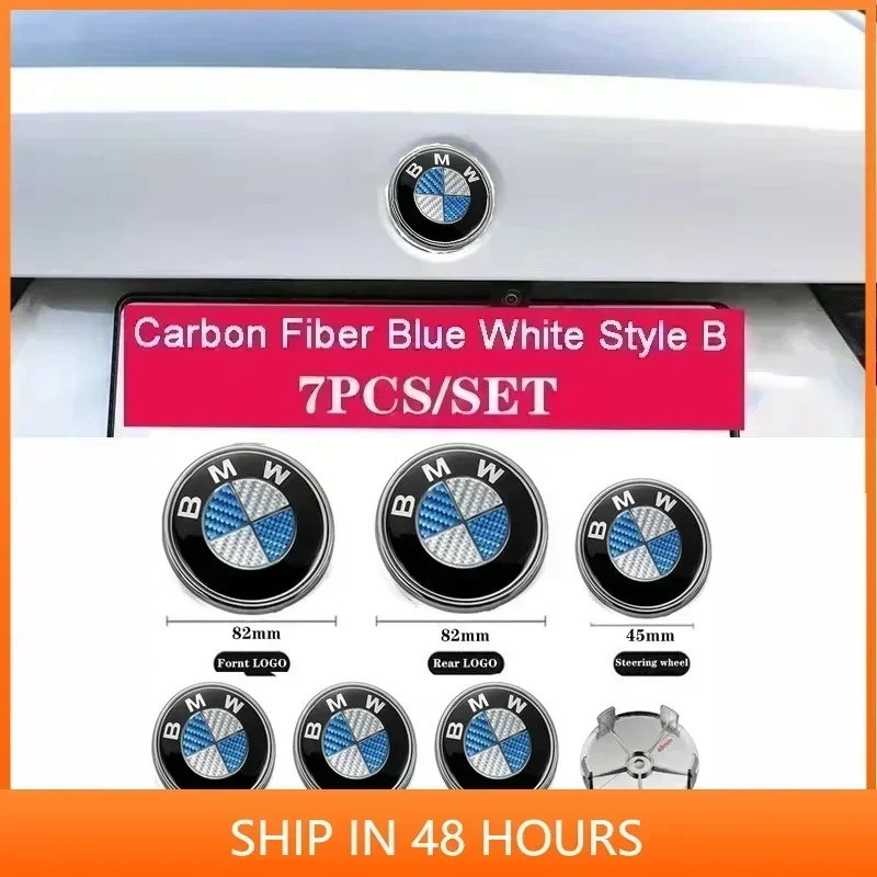 

Набор из 7 штук: эмблема на капот 82 мм, задний значок 74 мм, колпачок на колесную ступицу 68 мм, наклейка на руль 45 мм для F30 E39 E60 E46 E87 F15