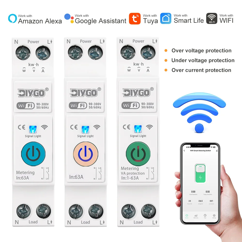 WiFi Circuit Breaker Work With Tuya APP Remote Control Home Timer Relay DGB-63T Metering Monitoring Voltage Current Protector