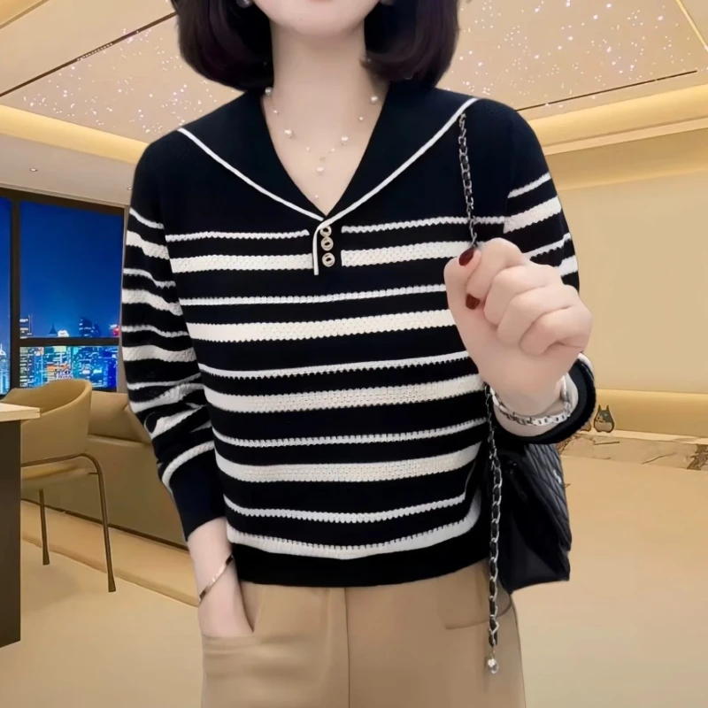 

Женская осенняя новая стильная модная толстовка во французском стиле с темно-синим воротником в полоску, винтажный свободный вязаный пуловер с длинными рукавами