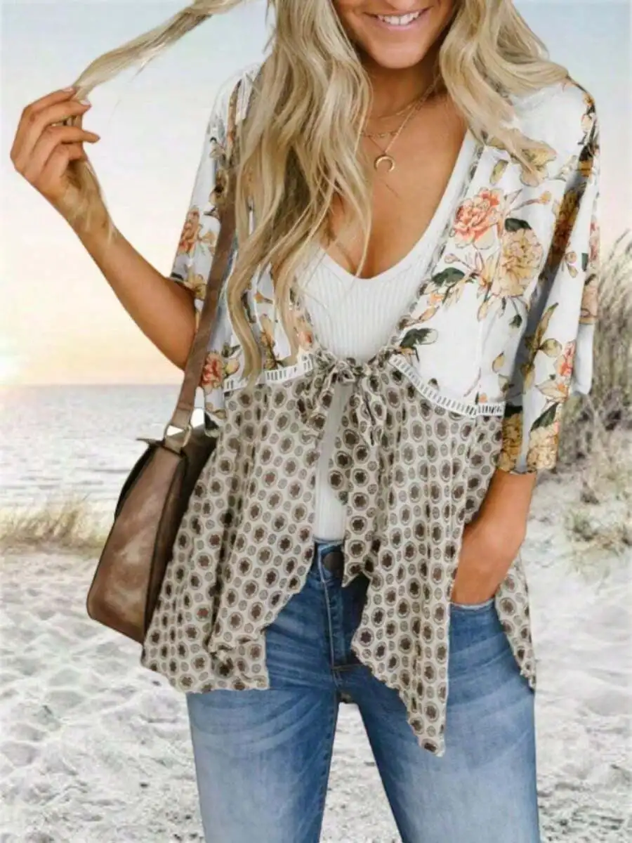 

Women Floral Boho Kimono Cardigan 3/4 Sleeve Ruffle Lightweight Tie Loose Cover Up