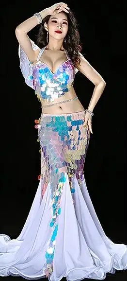 Bra+skirt Suit Bellydance Clothes Mermaid Sexy Long Dress Sequin Womens Oriental Belly Dance Costumes for Sale Dancing Outfits