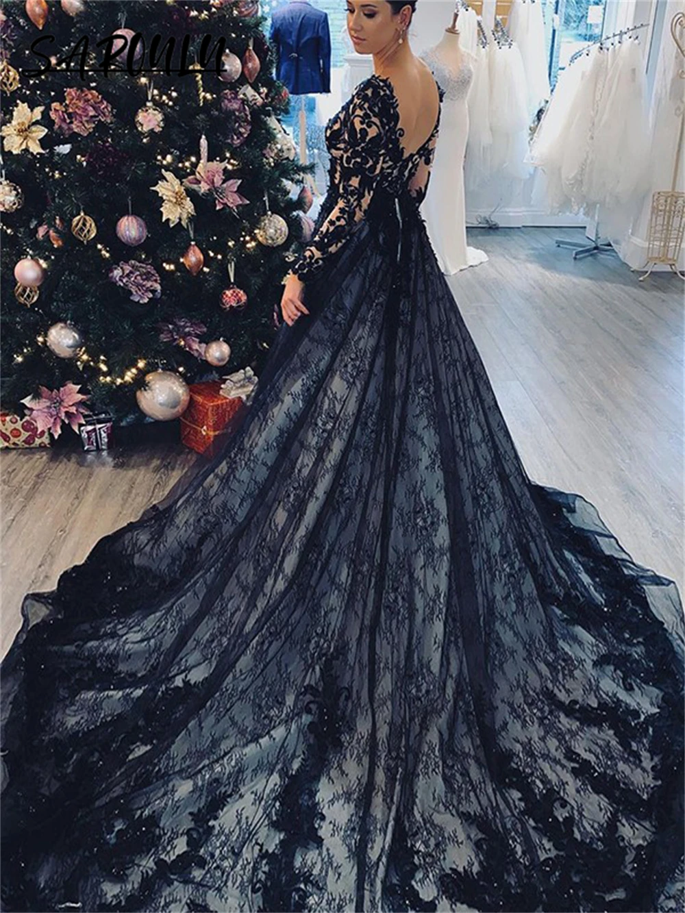 Gothic Black A Line Wedding Dress Plus Long Tulle Bride Dresses For Women Chaple Train Long Illusion Dresses Bridal Gown