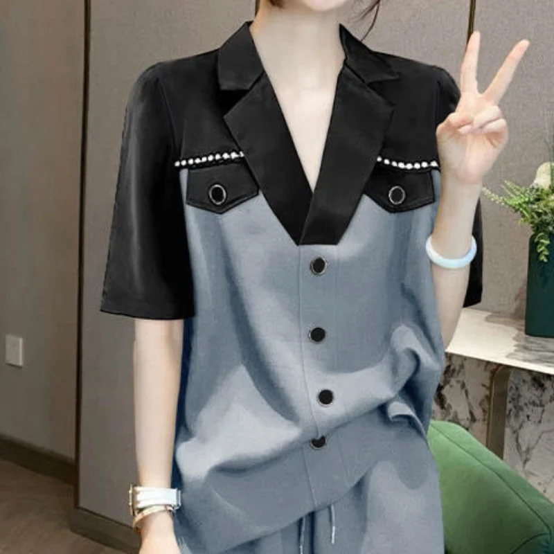 Women\'s Summer Korean New Suit Collar Pullover Fashion Upscale Button Contrast Panel Tops Elastic Drawstring Casual Shorts Set