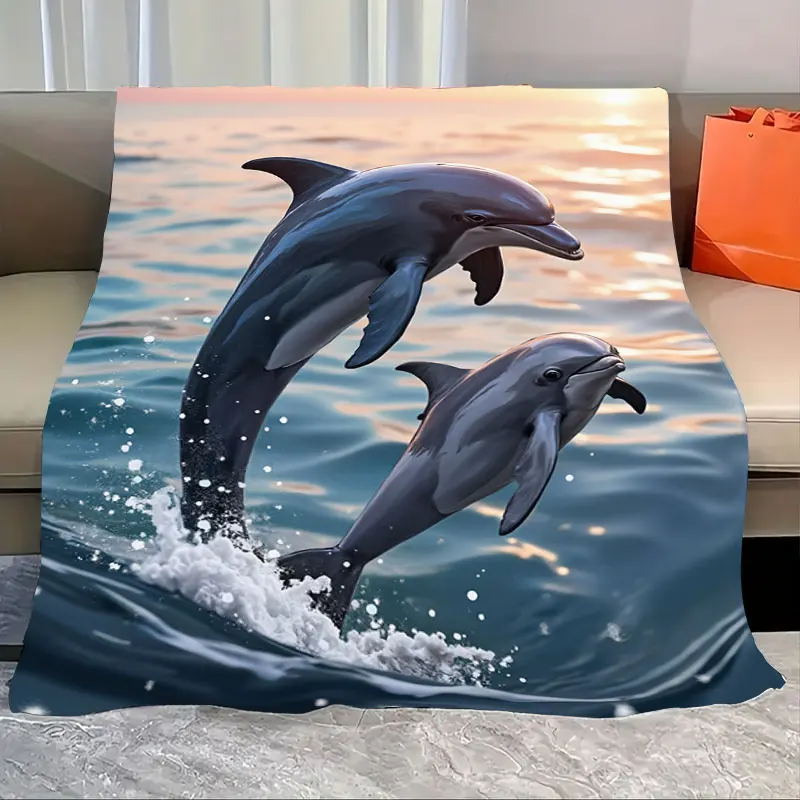 

1pc Flannel Blanket Dolphins Jumping Ocean Scene Soft Cozy Blanket for Home Decor
