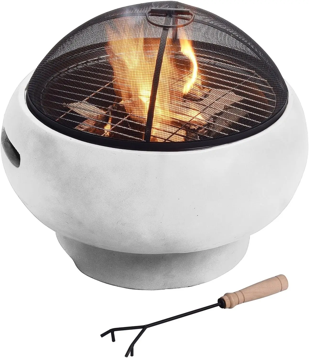 Light Concrete Round Charcoal and Wood Burning Fire Pit for Outdoor Patio Garden Backyard with Spark Screen, Fireplace Poker