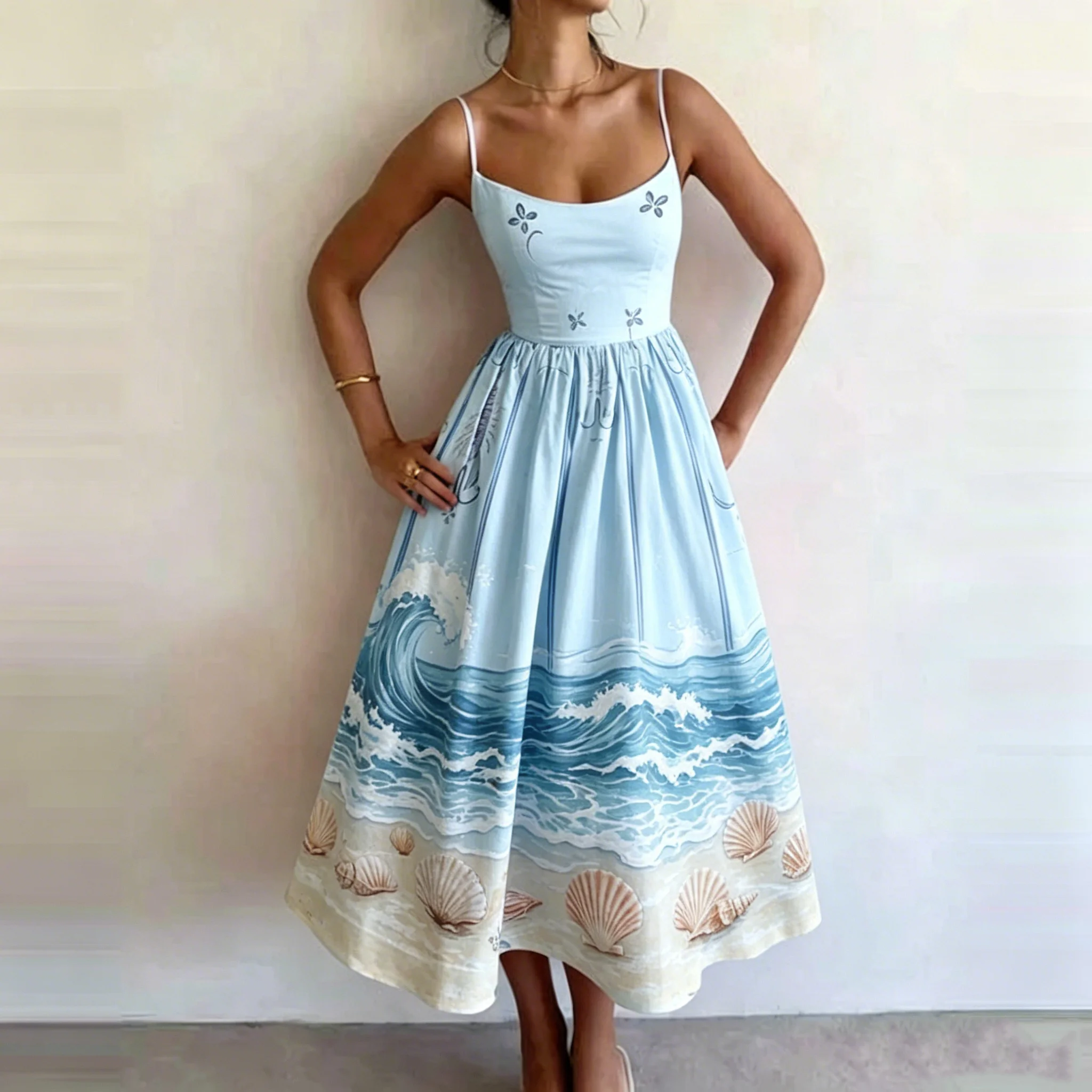 

Women's Summer Ocean Wave & Shell Print Spaghetti Strap Midi Dress A-Line High Waist Casual Elegant Coastal Fashion Beach Dress