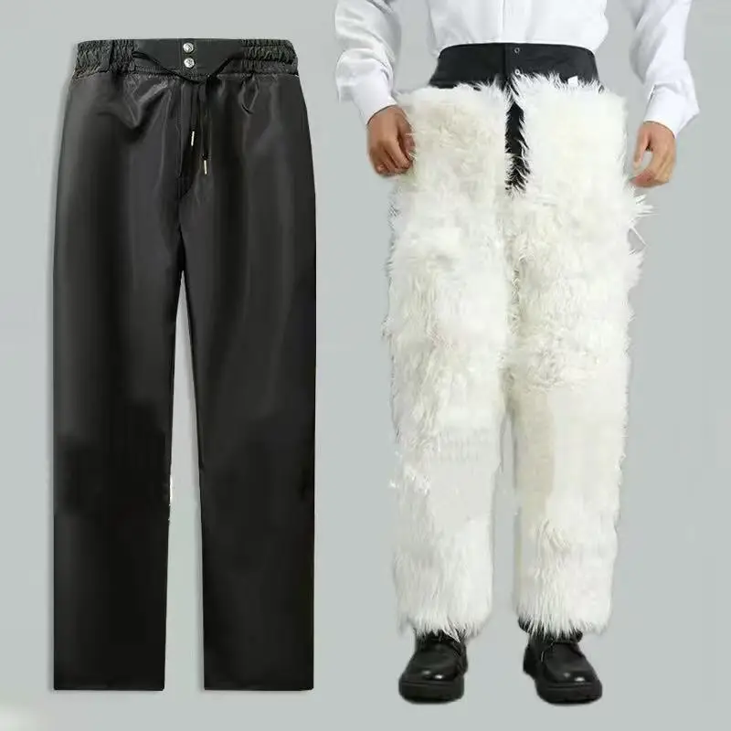 100% Wool Warm Pants Men's High Waist Thicken Thermal Trousers Middle Aged Dad Cold Winter Casual Long Pant Inner Sheepskin