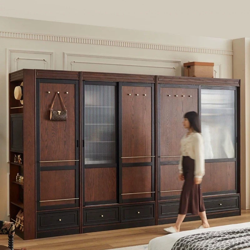American retro solid wood wardrobe bedroom home floor storage cabinet small apartment French wardrobe multi-layer cloakroom