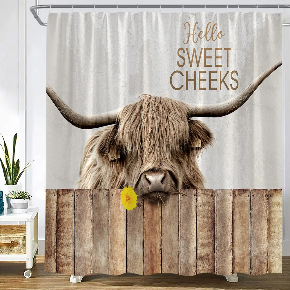 Funny Highland Cattle Shower Curtain Set Farm Cow Yellow Flower Brown Wood Board Bathroom Decor Non-Slip Rug Bath Mat Toilet Lid