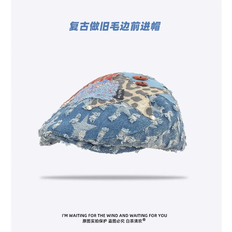 

Y2K Personalized Patch Hole Design Retro Denim Berets for Women Spring Summer Travel Fashion Versatile Literary Painter Hats Men