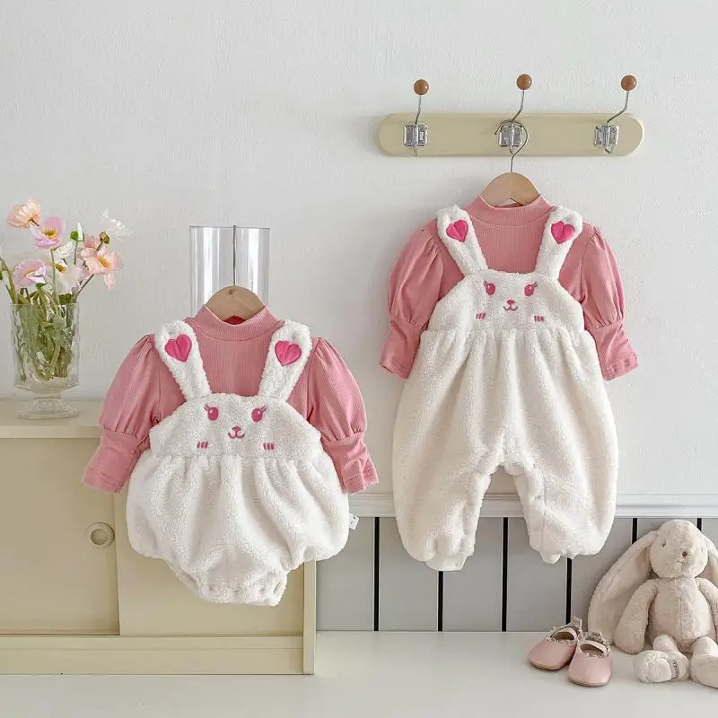 

2024 Cute Rabbit Girl Baby Romper Autumn Winter Sweet Princess Clothing Newborn Girls Solid Long Sleeves Top Sisters Matching