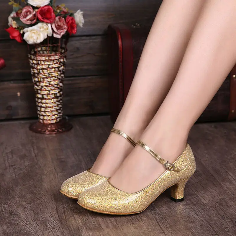 Qsuccua Glittering Gold Sliver Sequin Latin Dance Shoes Women High Heel Dance Shoes 5 / 7cm Ballroom Tango Closed Toe Girls