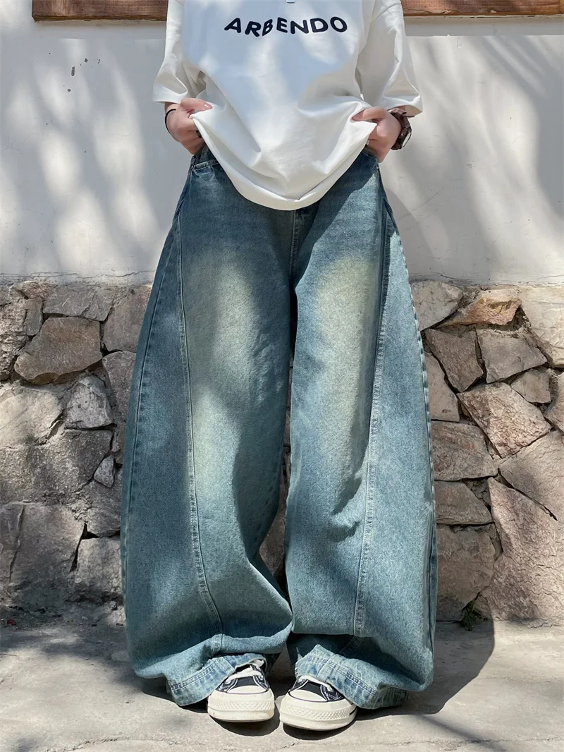 

Retro American Denim Jeans Men's Floor-Length Loose Straight Leg Student Wide Leg Drape High Waist Knife Shape Trendy Pants
