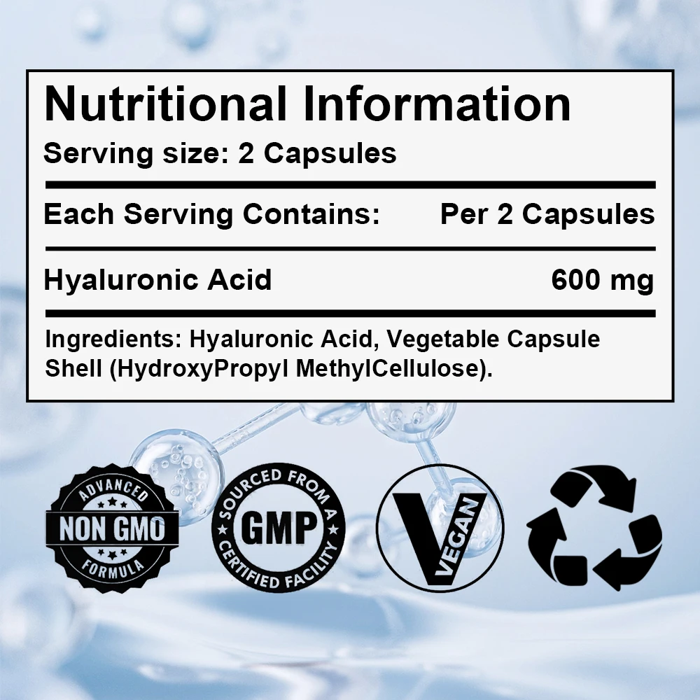 كبسولات حمض الهيالورونيك بجرعات عالية ، إلى ، KDA ، غير GMO ، لا حشوات أو مواد حشو اصطناعية ، ملغ