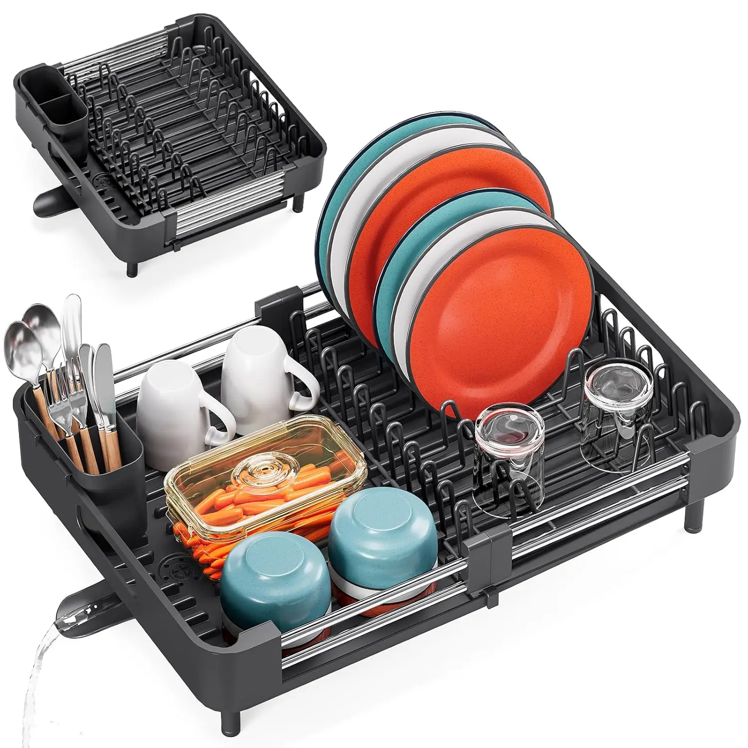 

Extendable Dish Drying Rack with Drainboard, Expandable Kitchen Counter Plate Storage, Foldable Cutlery Holder in Black