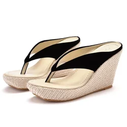 sandals woman Slippers summer comfortable Round Toe Weave Slip On PU 9CM Wedges high heels Platform Dress Sandals Women Shoes
