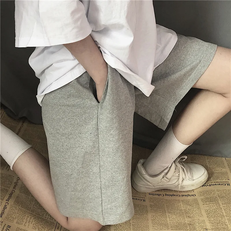 Verão cinza shorts feminino moda senhoras cintura elástica calças curtas streetwear de cintura alta ampla perna oversize simples unisex curto