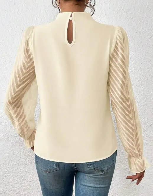 مزاجه الخريف أنيقة مطوي تصميم منظور شبكة كم الربط الشيفون قميص المرأة التنقل قميص شيفون #4