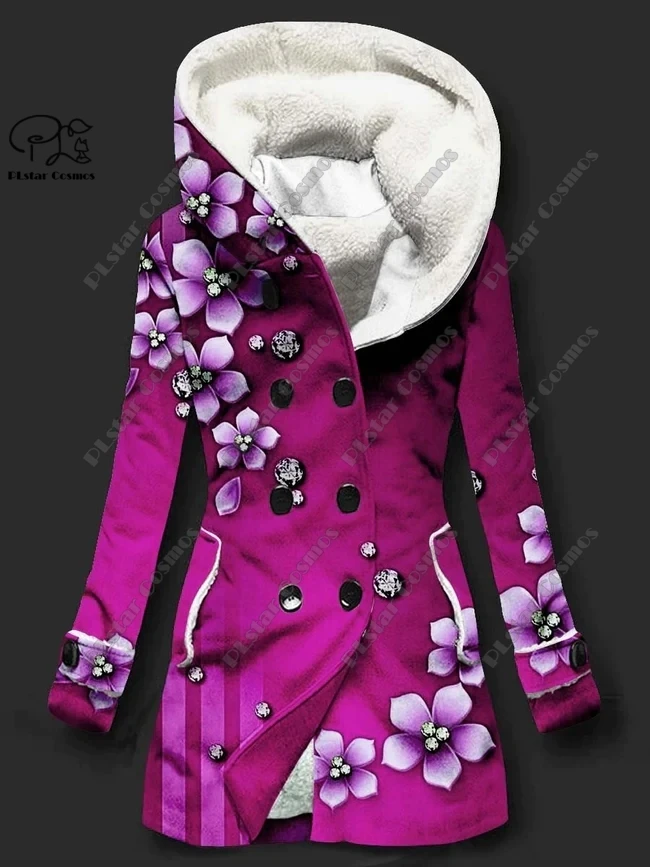 Chaqueta de lana con capucha y estampado floral de gato en 3D para mujer, chaqueta cálida y a prueba de frío, Serie de regalo informal de invierno para usted mismo