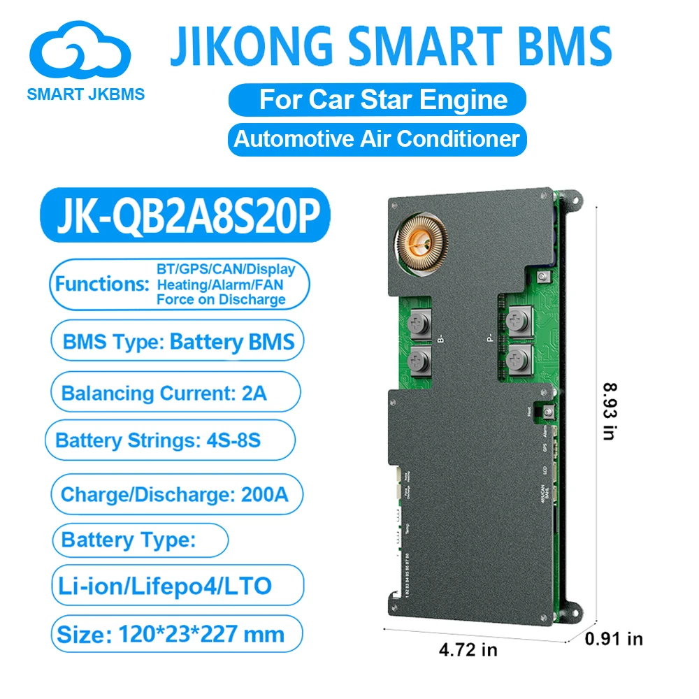 JK BMS QB2A8S20P Smart BMS RS485 BT CAN Heat GPS Force on Discharge 3S-8S 2A Active Balance BMS for Li-Ion LiFePo4 LTO Battery