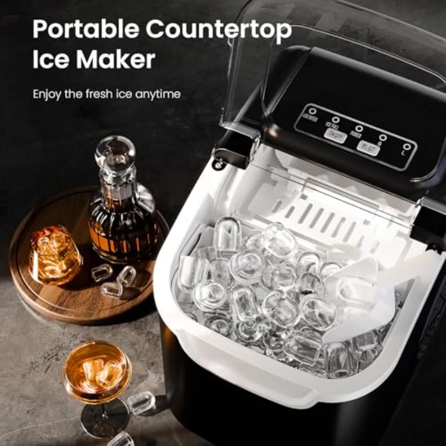 Countertop Ice Maker For Home Kitchen Camping RV, Grey ABS Plastic, Fast 8 Cubes In 6 Minutes, 26.5lbs/24Hrs Output With Self-C