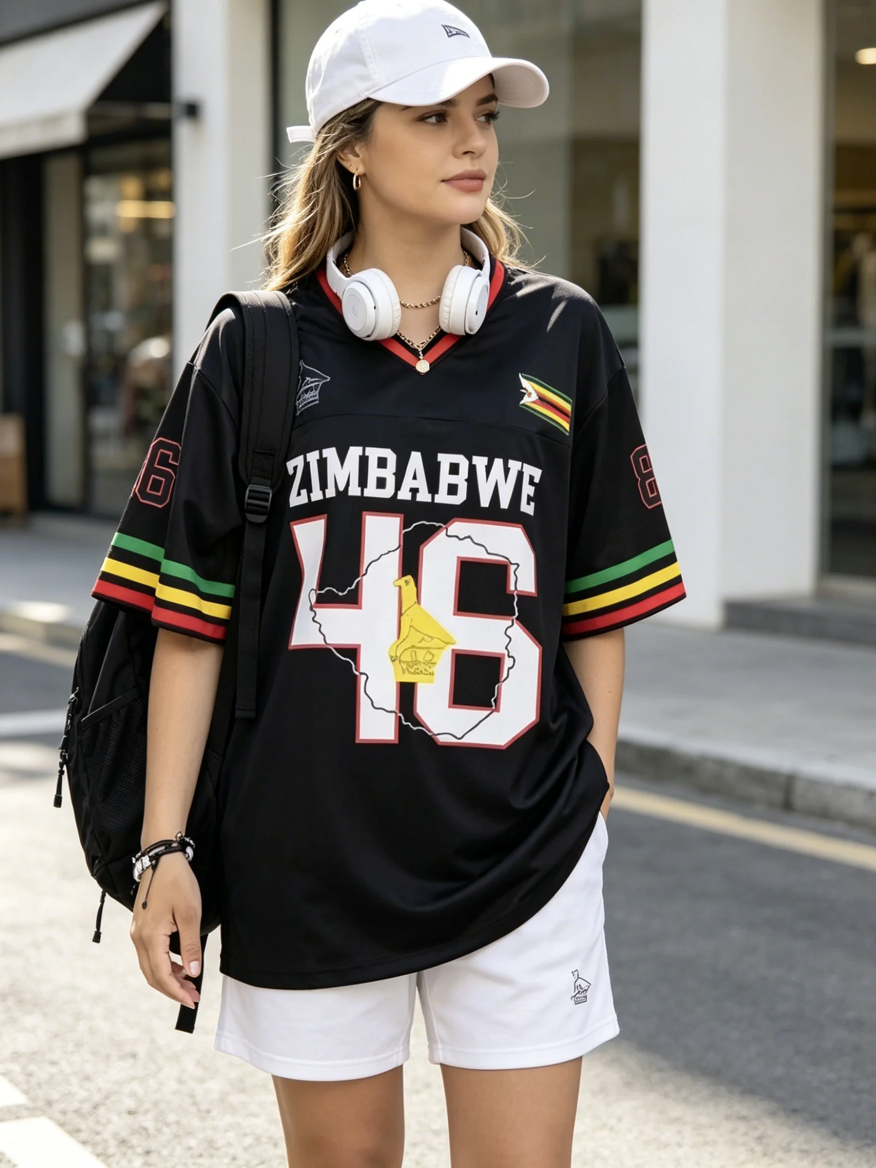 2026 Zimbabwe V-neck jersey black red contrasting color fan collection 3D printed breathable sports top