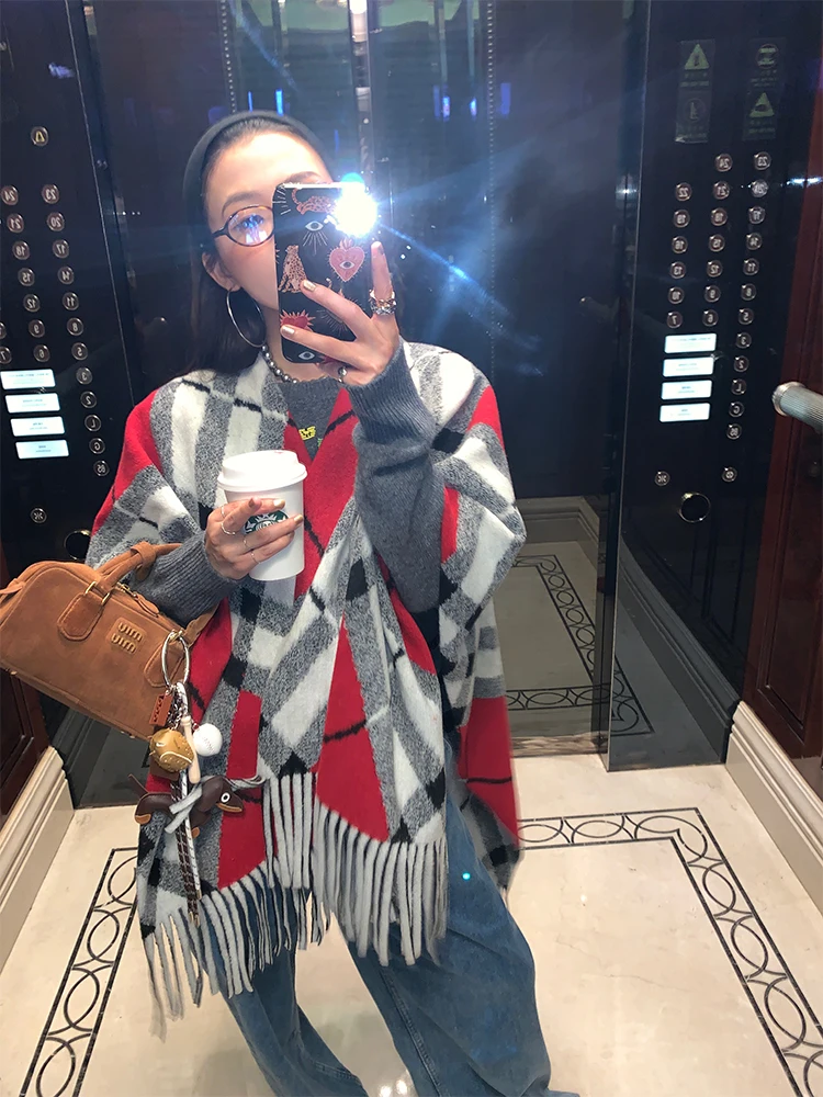 

Women's Plaid awl Fall Winter Tassel Warm All-Match Outerwear Design Sense ature Briti Sle Polyester Fiber 00%