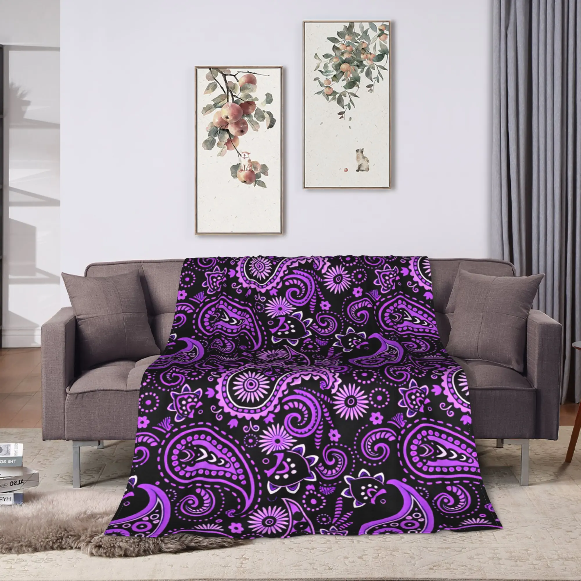 Purple Paisley Fish Floral Seamless Pattern Black Background Blanket Soft Cozy  Throw Blanket Spring Bed Travel Bedspread