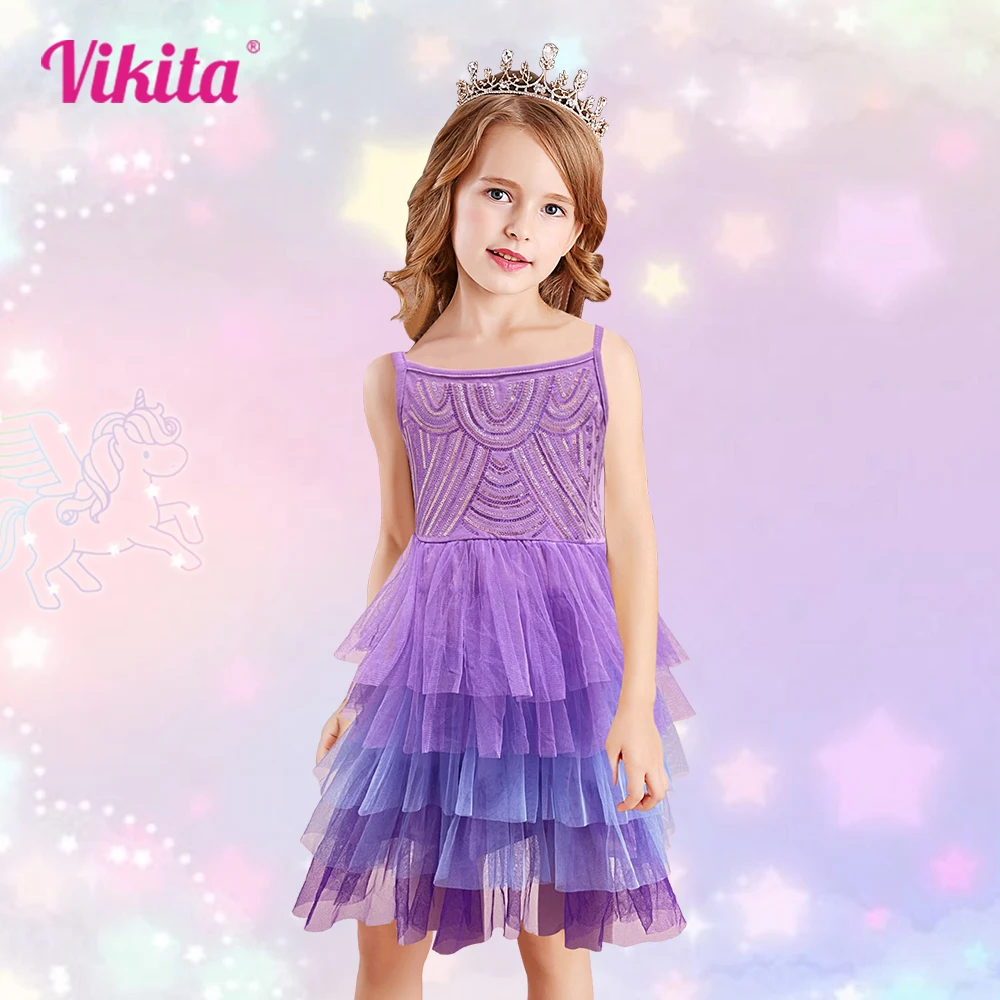 

VIKITA 2023 Children Summer Suspender Dress For Girls Elegant Princess Wedding Party Girls Costume Sequin Kids Dress Clothing