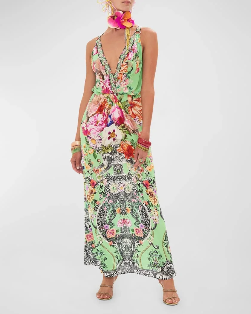 

Robe for Women 2024 New Spring Silk Beaded Flower Printed V-Neck Beach Style Sleeveless Long Dress for Holiday