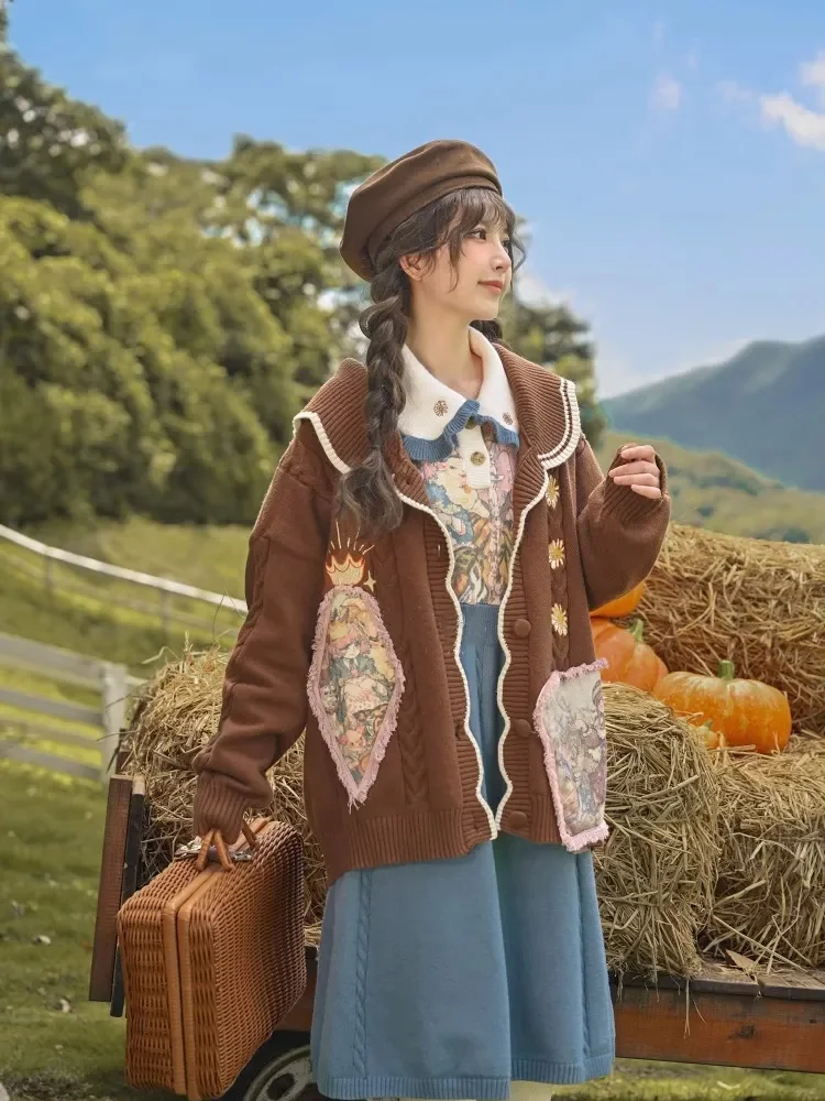 Kawaii Cartoon Jacquard Cardigan Women Vintage Jk Uniform Sweater Coat Autumn Winter Girls Y2k Knitted Tops Sueters De Mujer