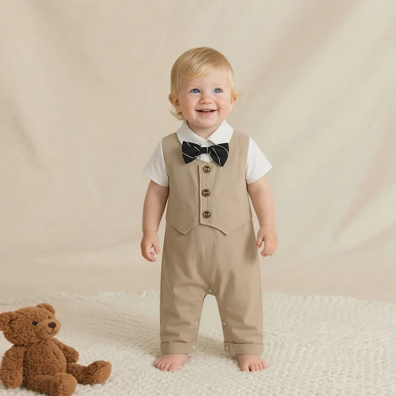 

2026 New Summer Short Sleeved Hooded Climbing Clothes Baby Gentleman Baby Jumpsuit Cute Fashion Rompers