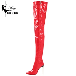 High-heeled Boots Patent Leather Thin Heels Over-the-Knee Women's Boots Large Size 46 Stiletto Sexy Stripper Shoes Botas Mujer