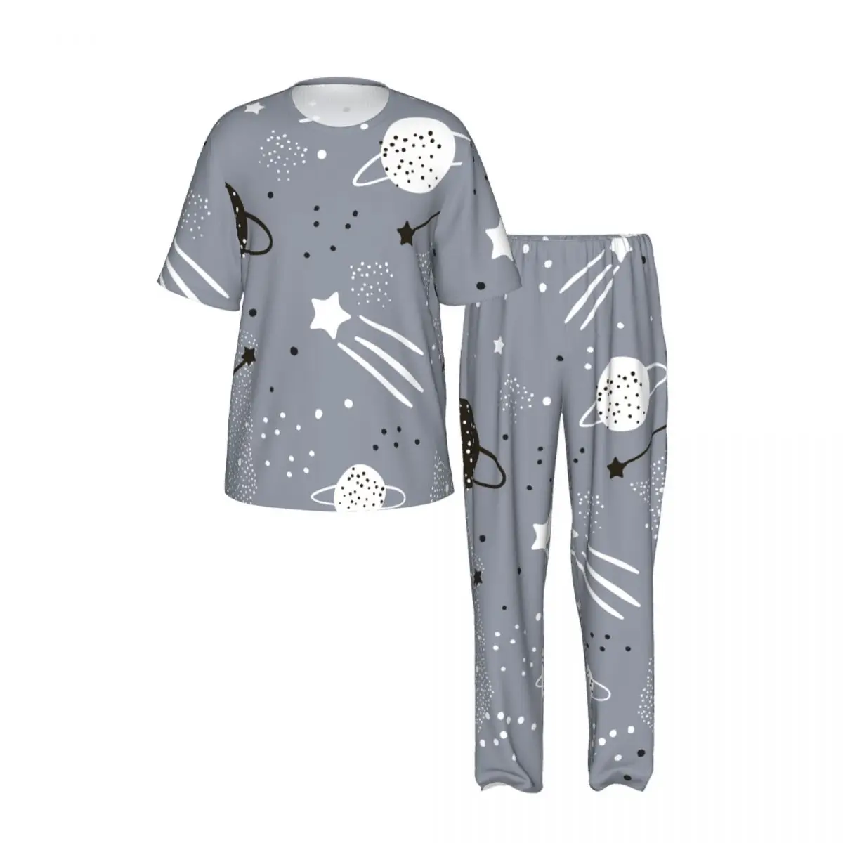 Men Pajamas Suit Short Sleeved Long Pants Cute Stars Constellations Planets Sleepwear Summer Home Clothing Set