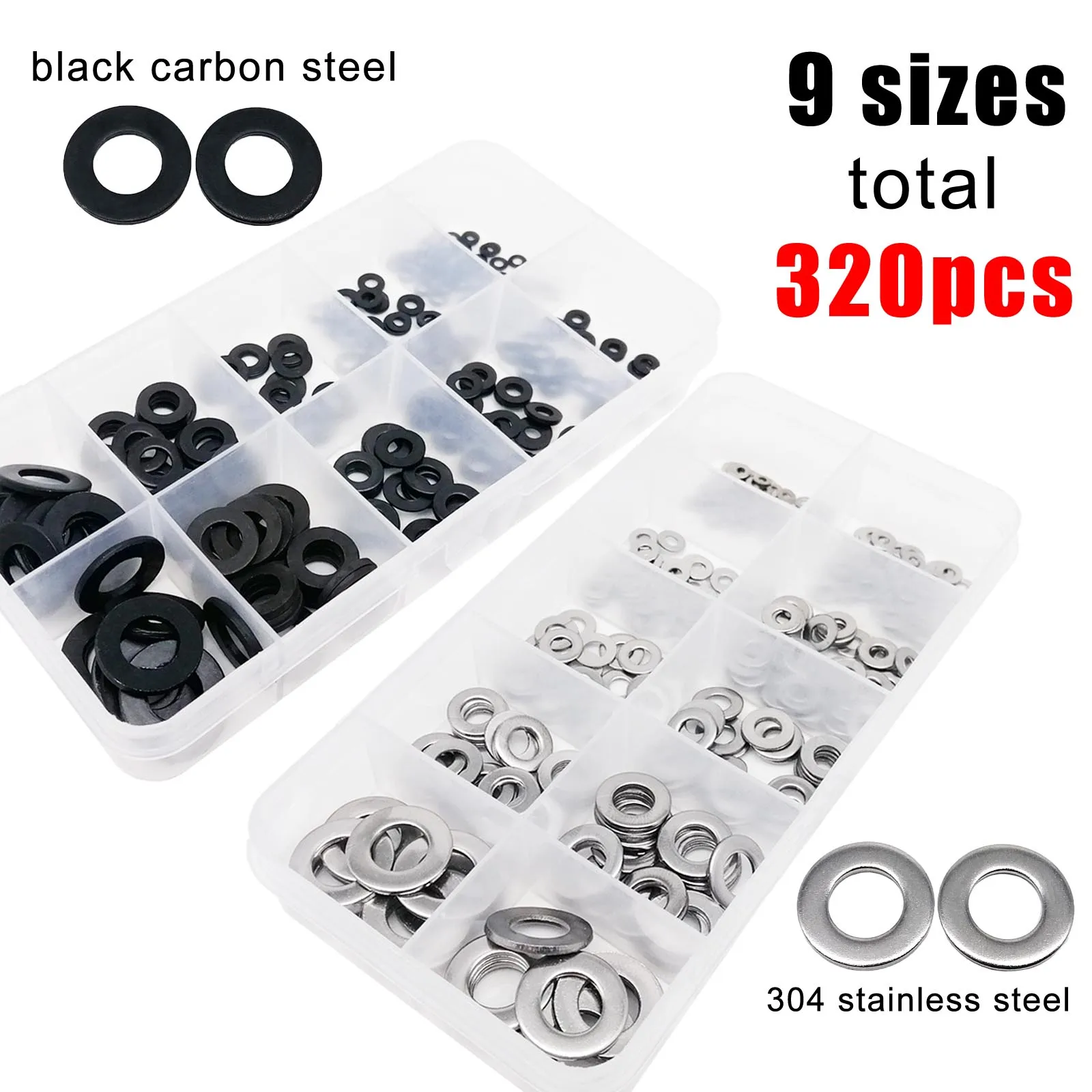 1 box 320pcs M1.6 M2 M2.5 M3 M4 M5 M6 M8 DIN125 304 Stainless Steel Black Steel Flat Washer Pad Set Plain Gasket Assortment Kit