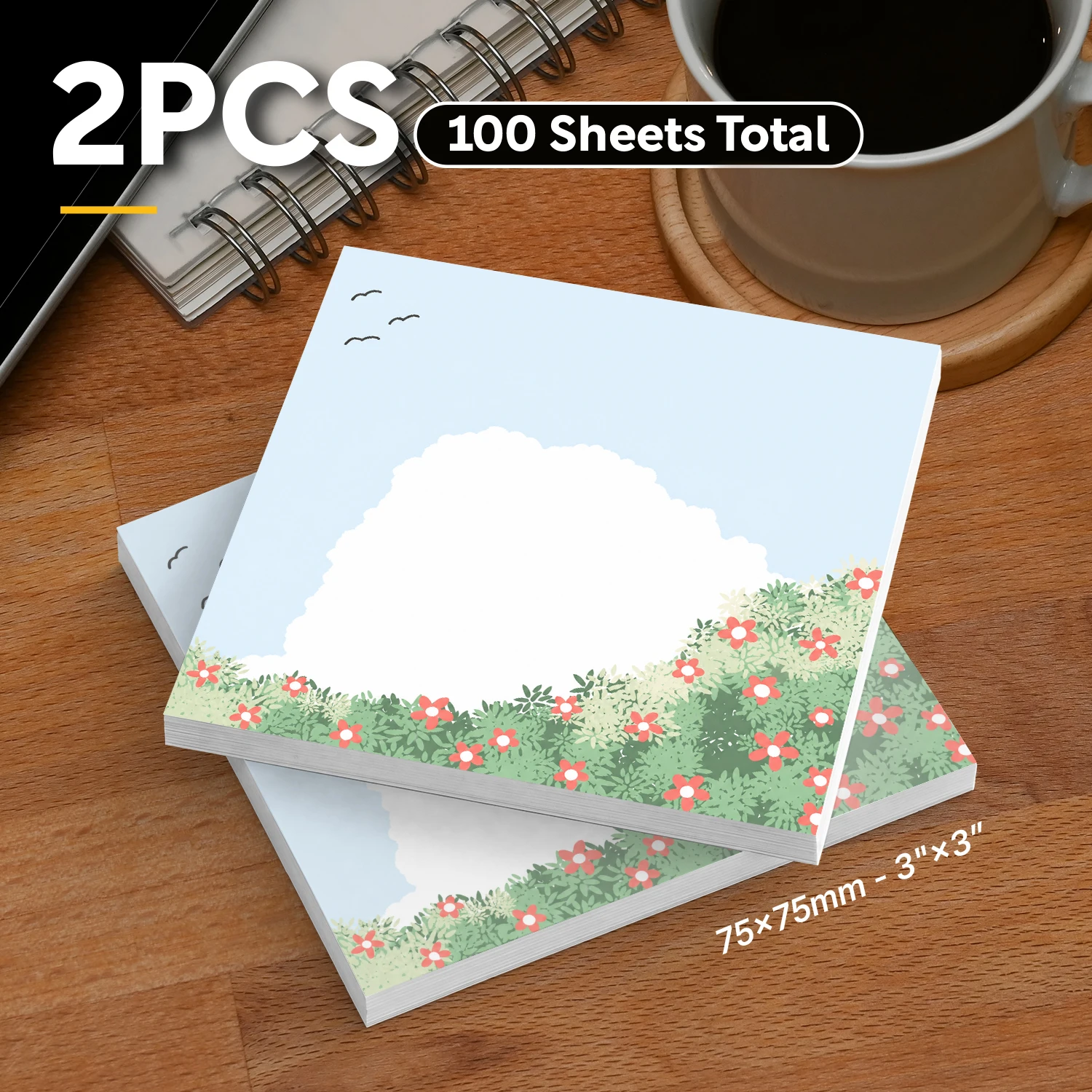 2pcs Floral Garden Sticky Notes, Nature Theme Self Stick Memo Pads, 100 Sheets Total, Cute Aesthetic Notepad, Removable Adhesive