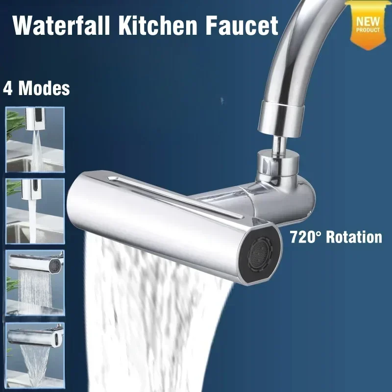 Real Waterfall Kitchen Faucet Extension Adapter 720° Swivel 4 Mode Multifunctional Waterfall Pressurized Bubbler Sprayer Tap Fit